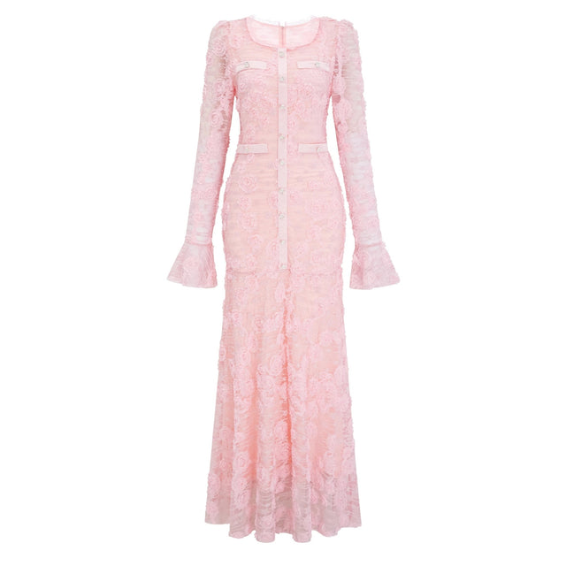 Branwen Pink 3DFloral Embroidered Lace Maxi Dress