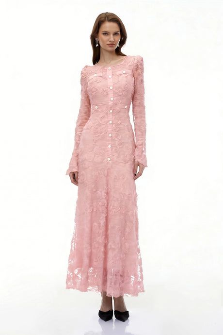 Branwen Pink 3DFloral Embroidered Lace Maxi Dress