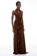 Brianna Chocolate Brown Halterneck Ruched Maxi Dress