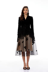 Brielle Black Leaf Embroidered Velvet Midi Dress