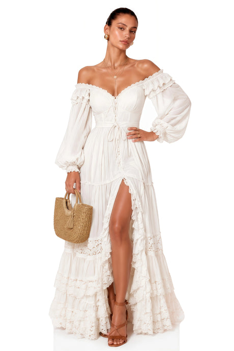 Brielle White Off Shoulder Lace Maxi Dress with Slit