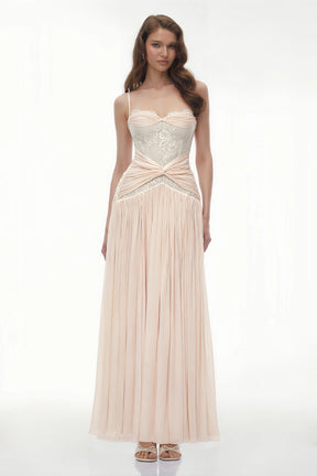 Brigitte Cream White Ruched Maxi Dress with Lace Panels