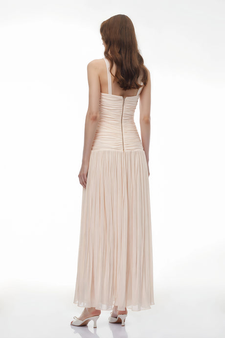 Brigitte Cream White Ruched Maxi Dress with Lace Panels