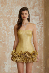 Briony Gold Off Shoulder Mini Dress with 3D Petals