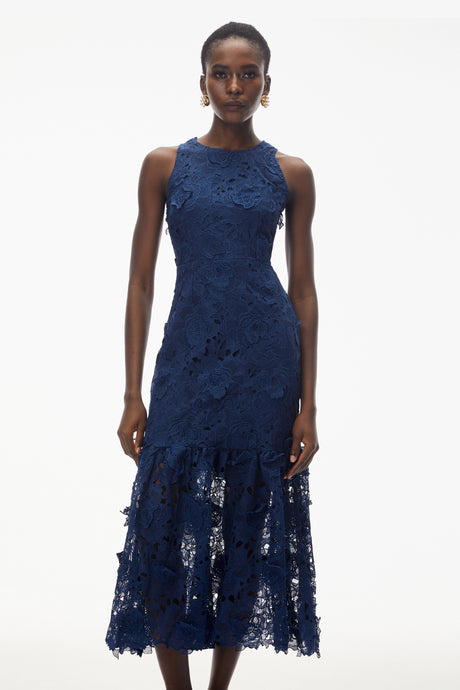 Briseis Blue Midi Dress with 3D Florals