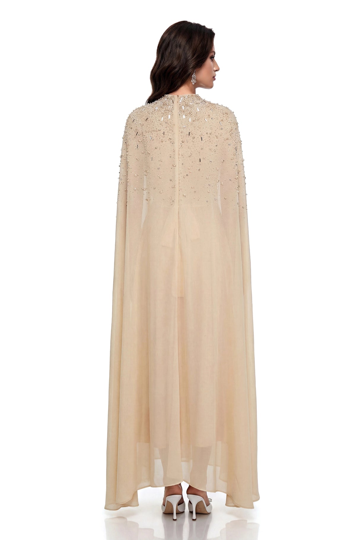 Briseis Champagne Rhinestone Beaded Cape Maxi Dress