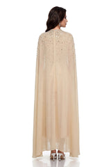 Briseis Champagne Rhinestone Beaded Cape Maxi Dress