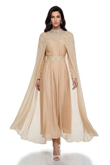 Briseis Champagne Rhinestone Beaded Cape Maxi Dress