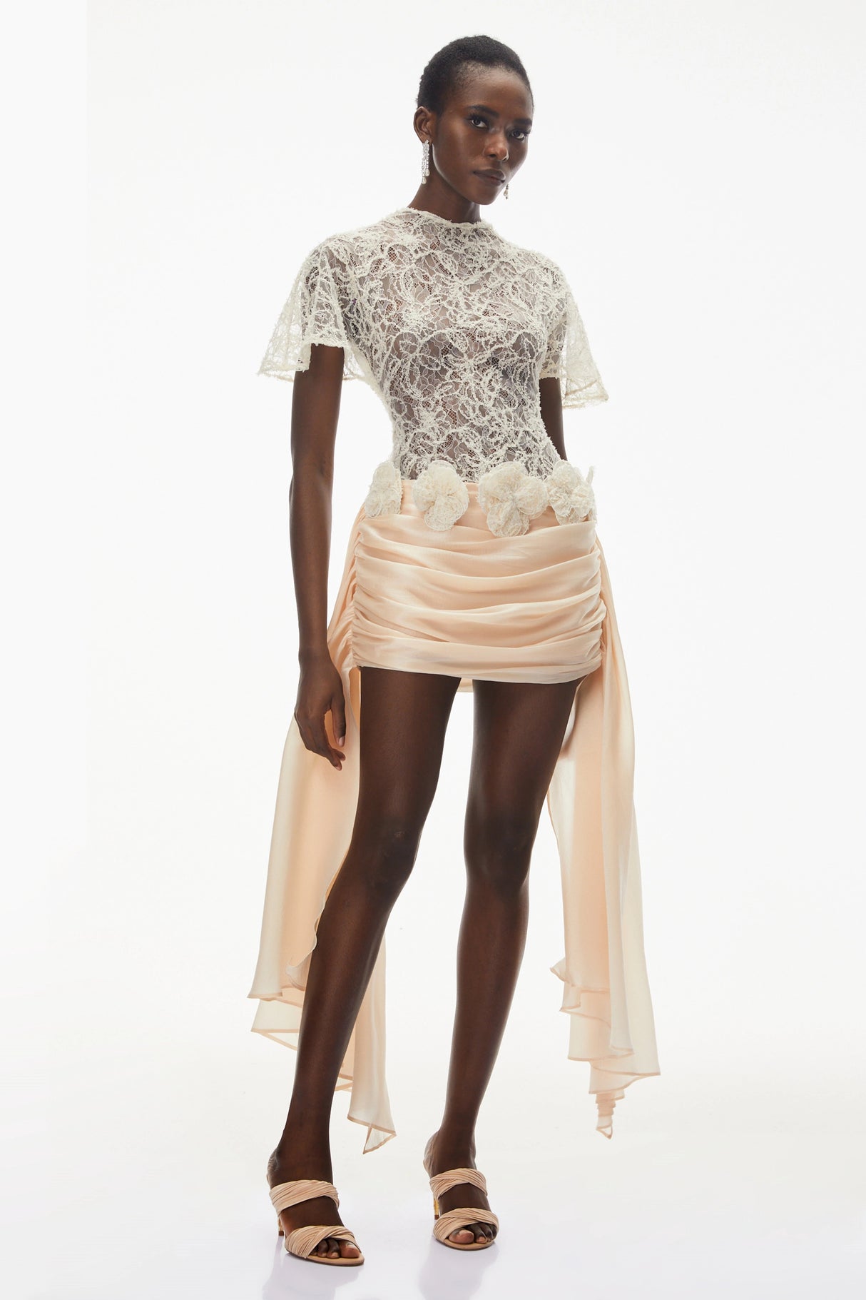 Briseis Neutral Satin Mini Dress with Floral Lace