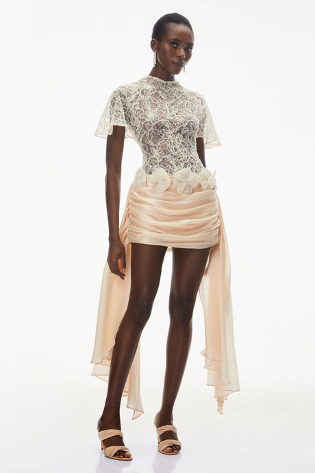 Briseis Neutral Satin Mini Dress with Floral Lace