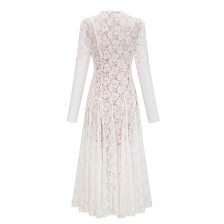 Bronte White Pleated Floral Lace Midi Dress