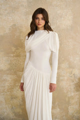 Bronwyn White Draped Pleated Asymmetrical Maxi Dress