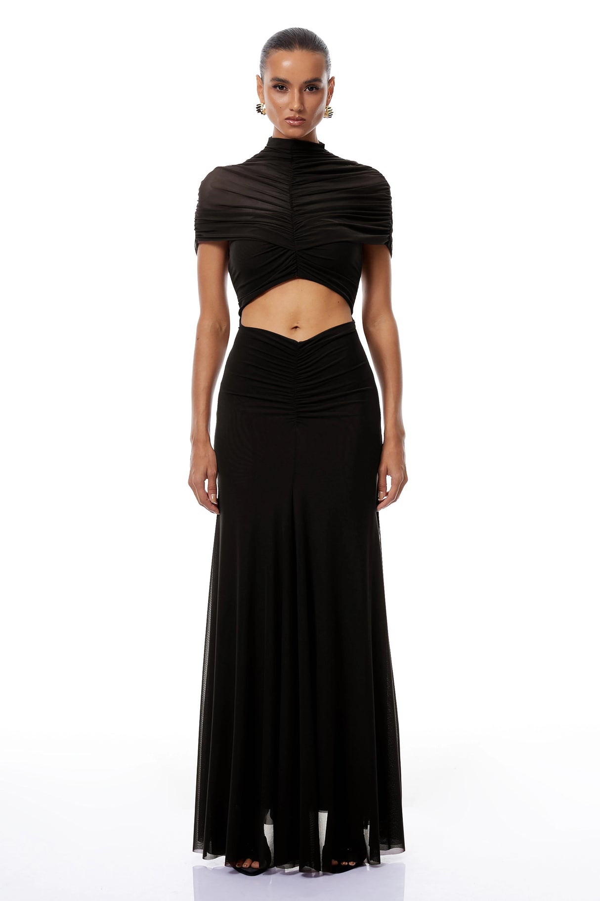 Bruna CutOut Ruched Mesh Maxi Dress