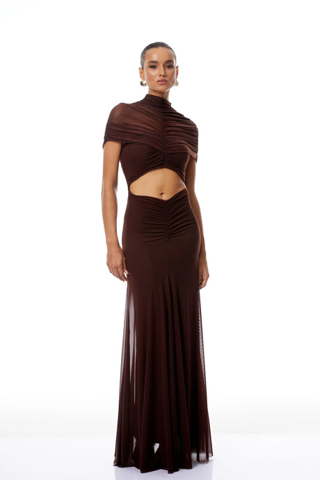 Bruna CutOut Ruched Mesh Maxi Dress