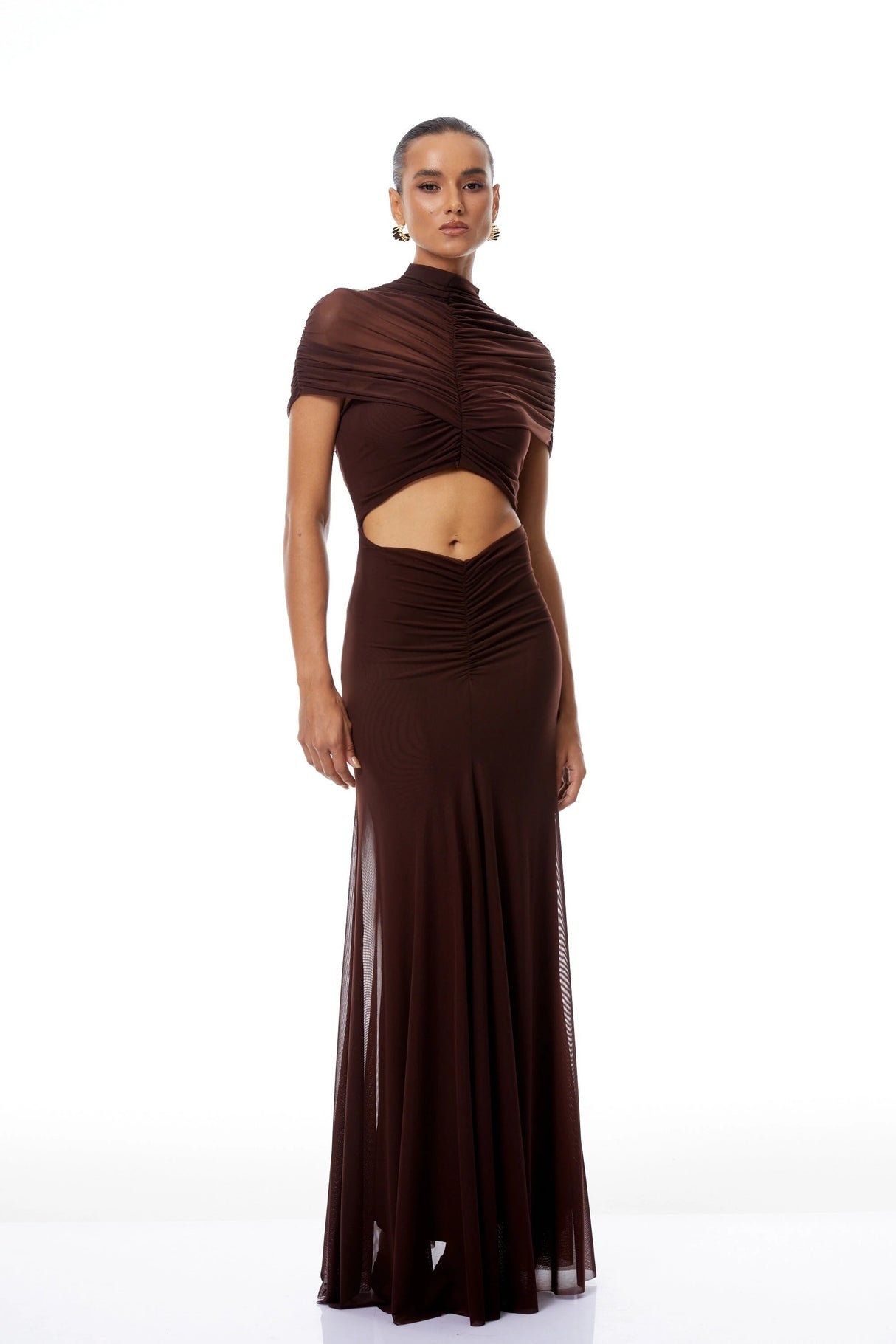 Bruna CutOut Ruched Mesh Maxi Dress