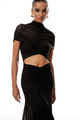 Bruna CutOut Ruched Mesh Maxi Dress