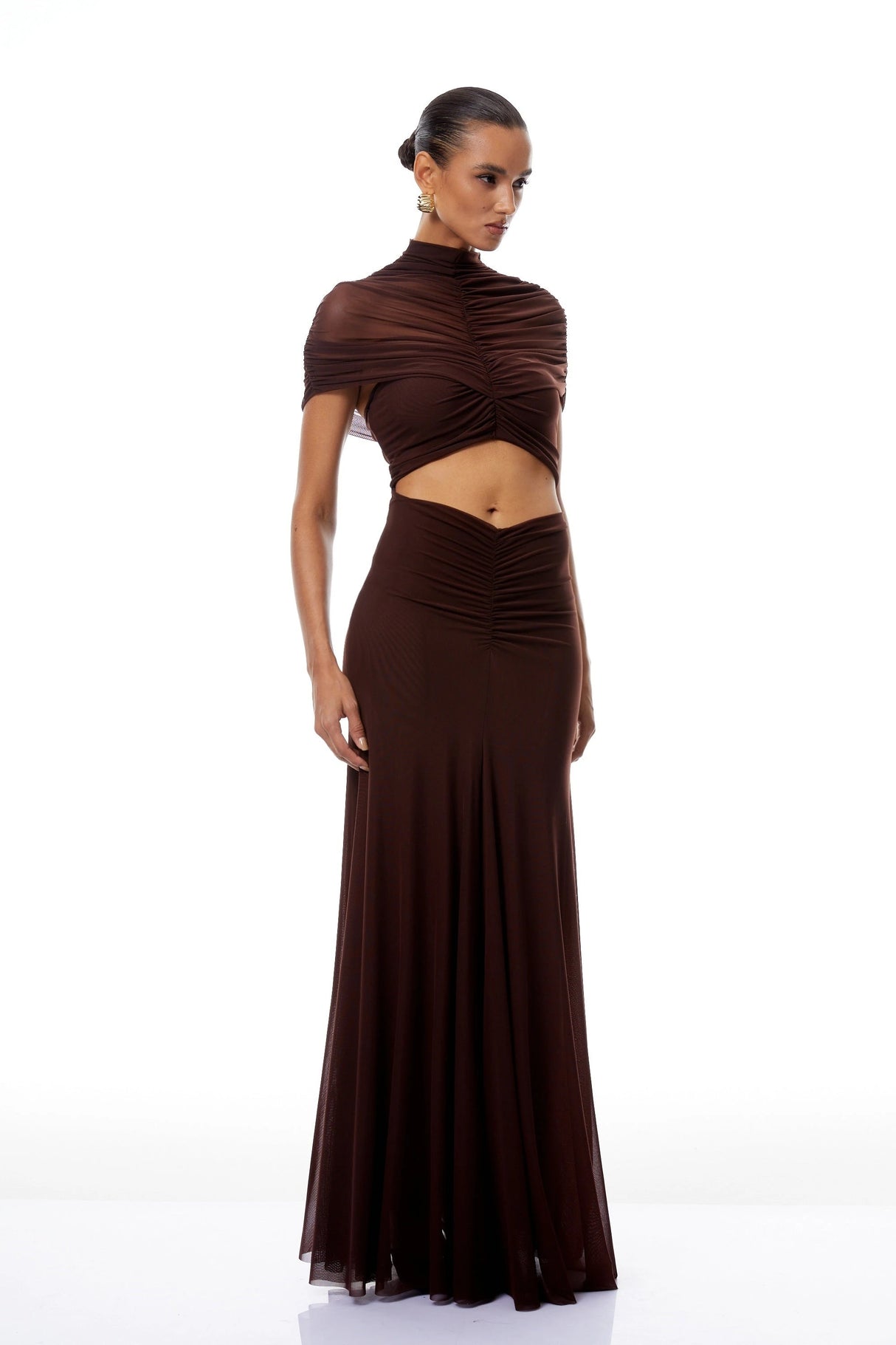 Bruna CutOut Ruched Mesh Maxi Dress