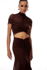 Bruna CutOut Ruched Mesh Maxi Dress