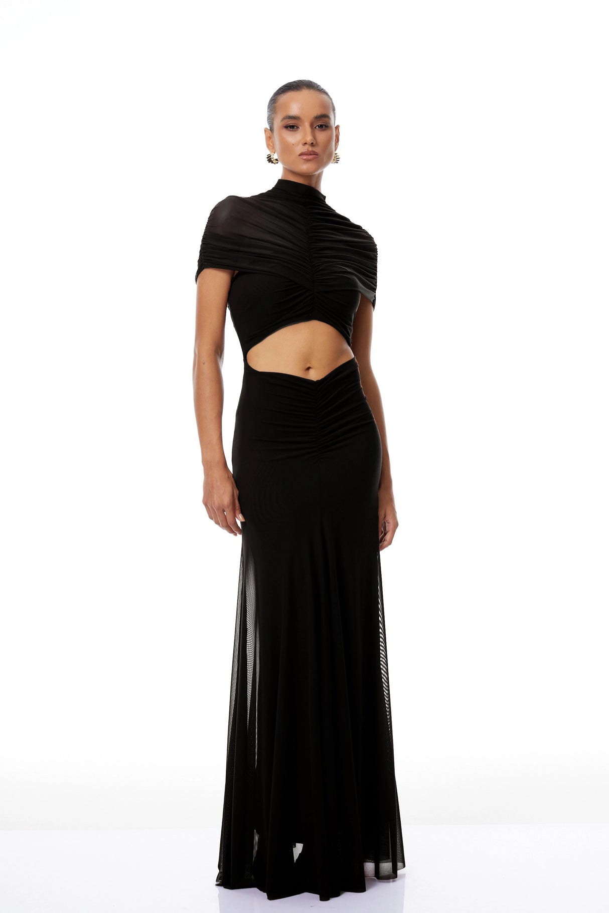 Bruna CutOut Ruched Mesh Maxi Dress