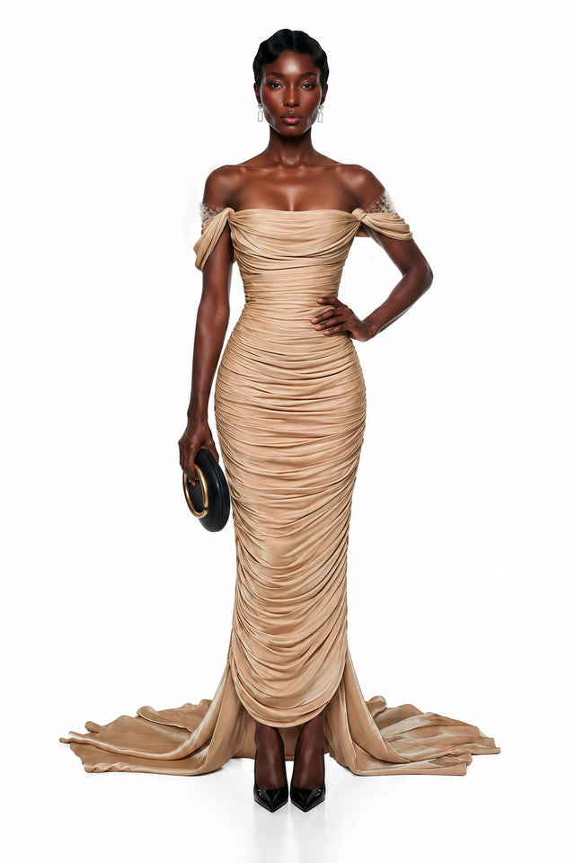 Bruna Gold Embellished Ruched Asymmetrical Maxi Dress