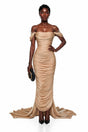 Bruna Gold Embellished Ruched Asymmetrical Maxi Dress