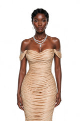 Bruna Gold Embellished Ruched Asymmetrical Maxi Dress