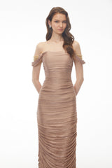 Bruna Gold Embellished Ruched Asymmetrical Maxi Dress