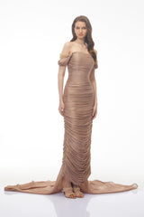 Bruna Gold Embellished Ruched Asymmetrical Maxi Dress