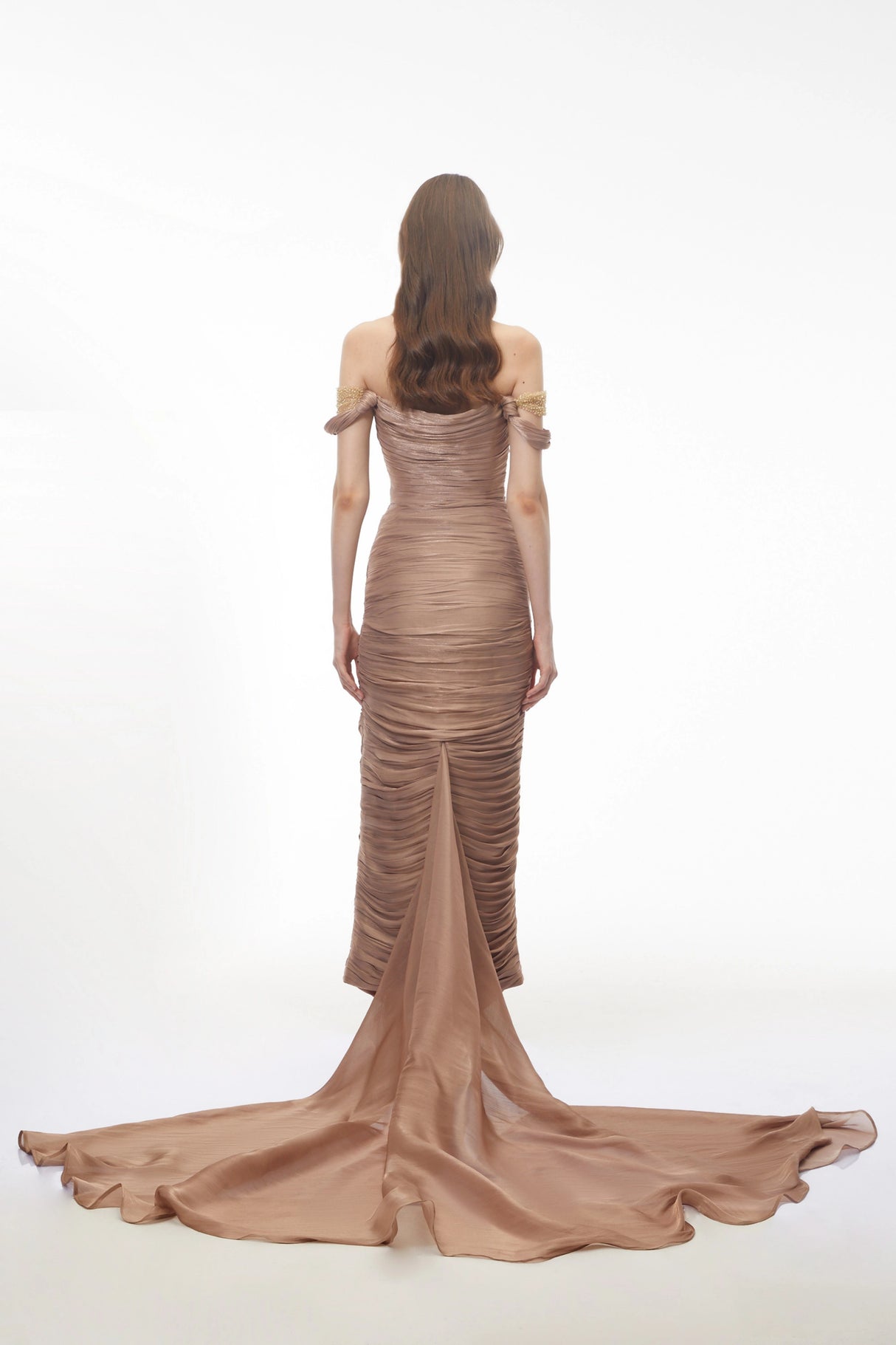 Bruna Gold Embellished Ruched Asymmetrical Maxi Dress
