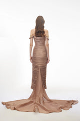 Bruna Gold Embellished Ruched Asymmetrical Maxi Dress