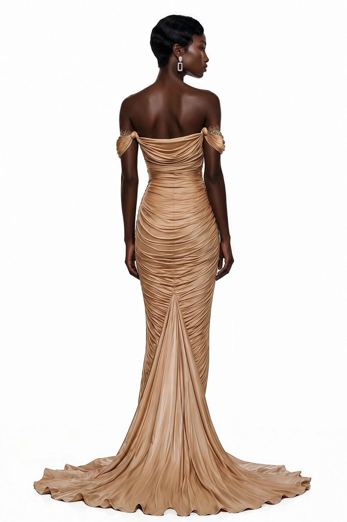 Bruna Gold Embellished Ruched Asymmetrical Maxi Dress