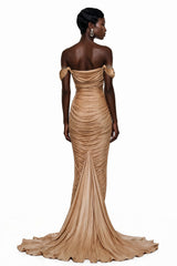 Bruna Gold Embellished Ruched Asymmetrical Maxi Dress