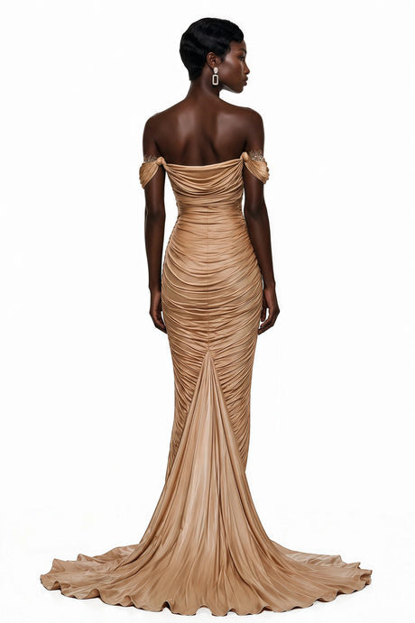 Bruna Gold Embellished Ruched Asymmetrical Maxi Dress