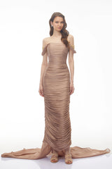 Bruna Gold Embellished Ruched Asymmetrical Maxi Dress