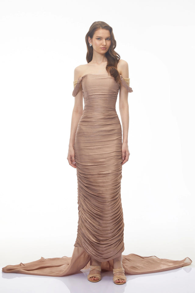 Bruna Gold Embellished Ruched Asymmetrical Maxi Dress