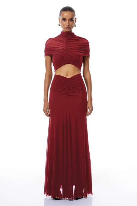 Bruna Red CutOut Ruched Mesh Maxi Dress