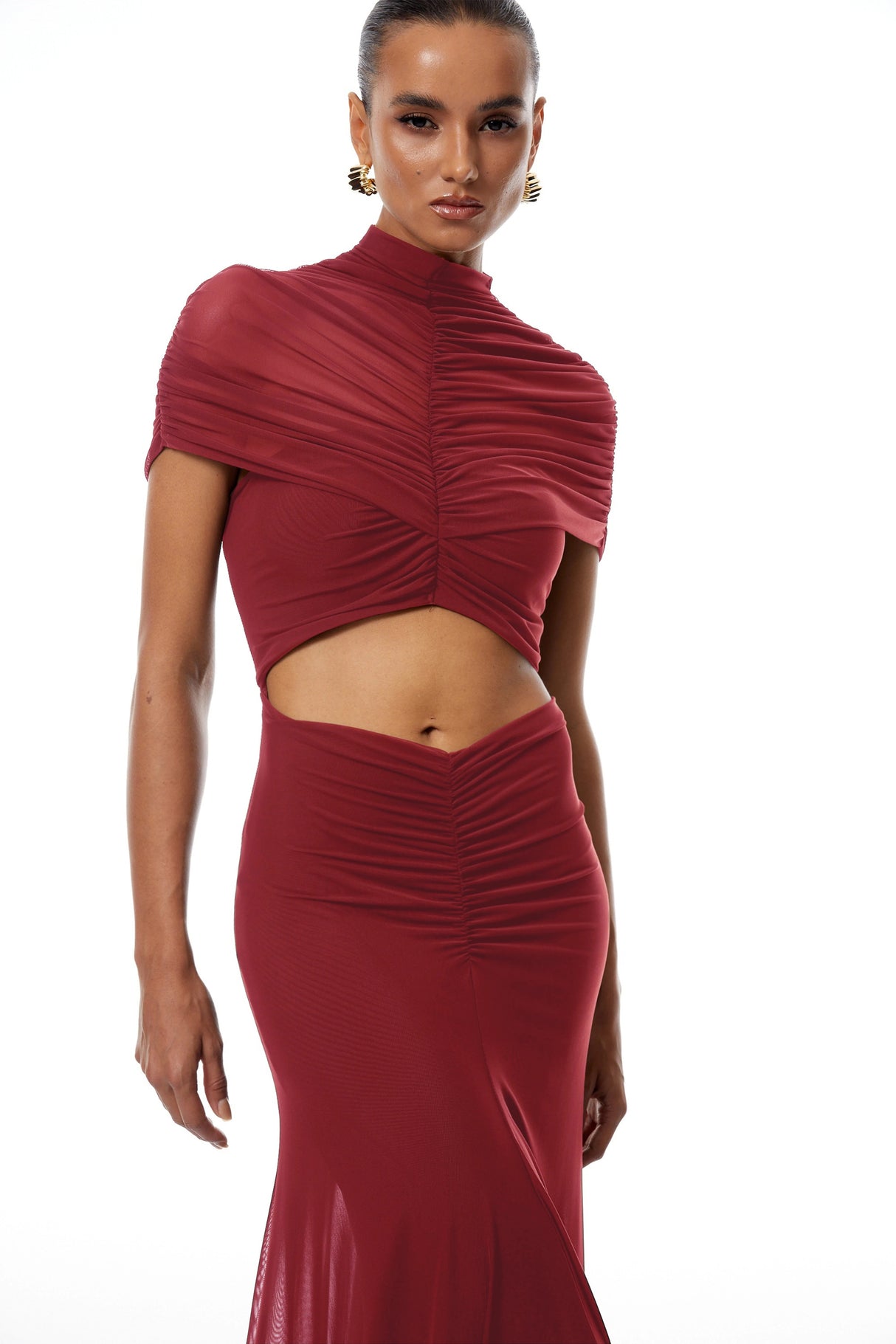 Bruna Red CutOut Ruched Mesh Maxi Dress
