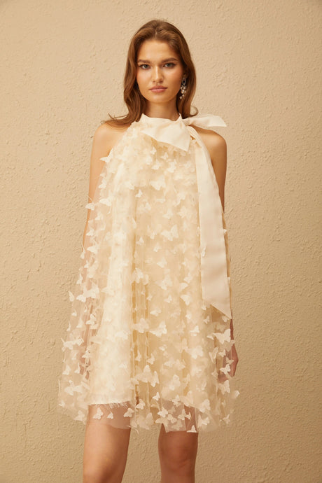 Brune Neutral 3D Butterfly Tulle Mini Dress