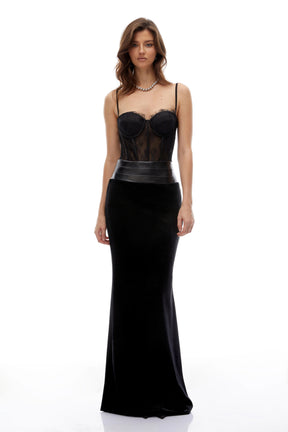 Brynhild Black Lace Panel Velvet Maxi Dress