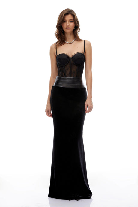 Brynhild Black Lace Panel Velvet Maxi Dress