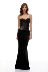 Brynhild Black Lace Panel Velvet Maxi Dress