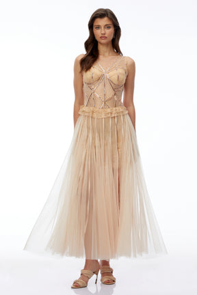 Bryony Champagne Floral Lace Mesh Maxi Dress