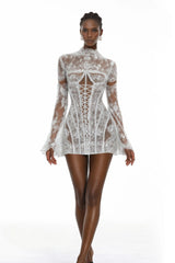 Bulelwa White SemiSheer Floral Lace Mini Dress