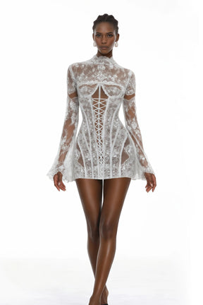 Bulelwa White SemiSheer Floral Lace Mini Dress