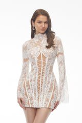Bulelwa White SemiSheer Floral Lace Mini Dress
