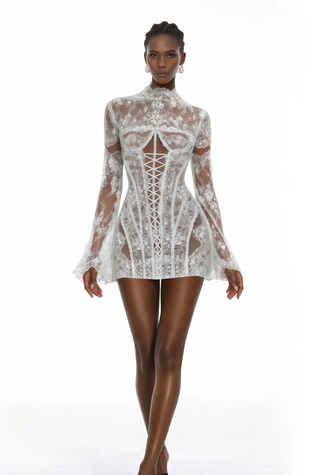 Bulelwa White SemiSheer Floral Lace Mini Dress