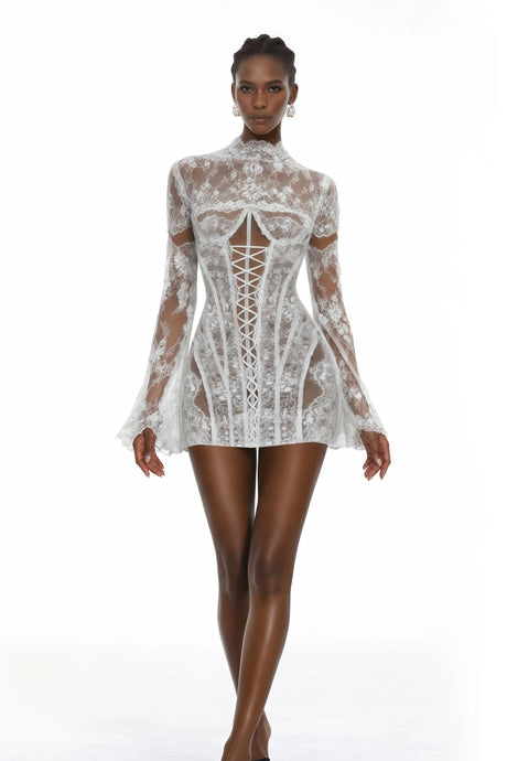 Bulelwa White SemiSheer Floral Lace Mini Dress