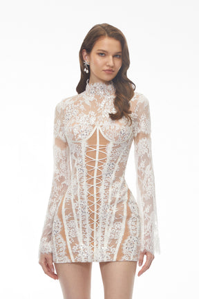 Bulelwa White SemiSheer Floral Lace Mini Dress