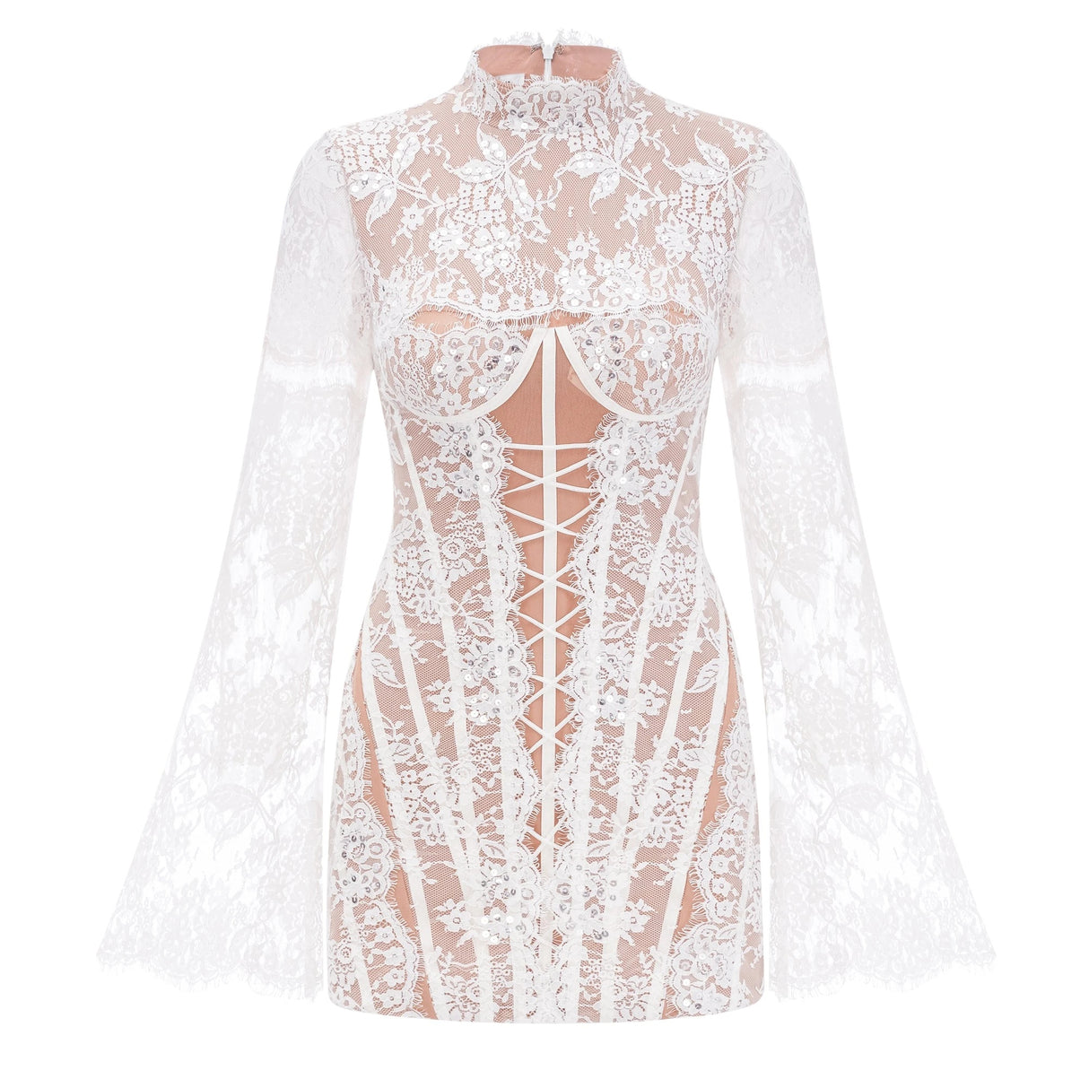 Bulelwa White SemiSheer Floral Lace Mini Dress