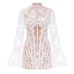 Bulelwa White SemiSheer Floral Lace Mini Dress